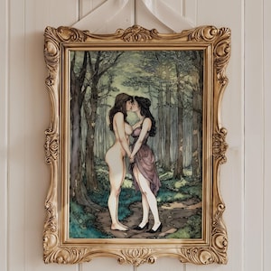 Stampa artistica di fiabe saffiche ispirata al vintage: decorazioni in stile Art Nouveau per case LGBTQ+