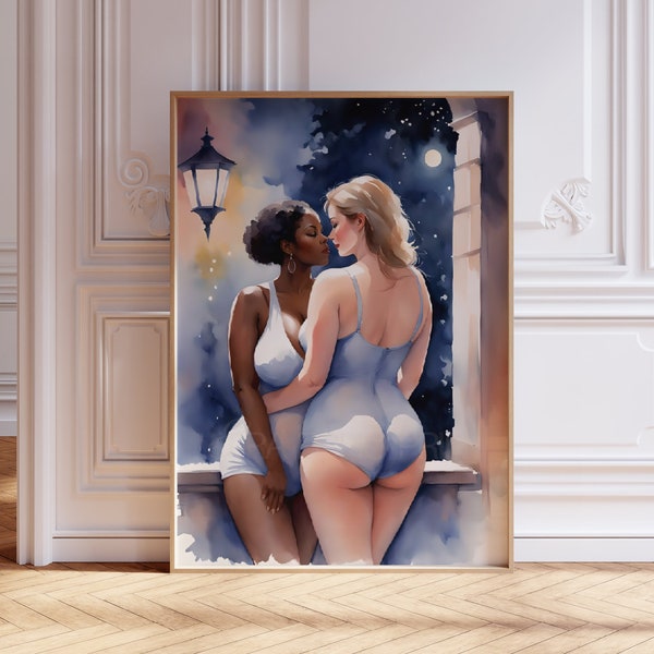 Baiser de nuits d'été - impression d'art lesbienne du couple queer romantique interracial noir blanc - décoration saphique