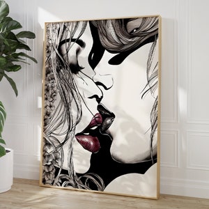 Lesbian Kissing Art Print - Contemporary Mixed Media Wall Decor - Perfect Gift Idea