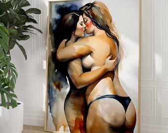 Lesbian Art Print: Intimate Watercolor Couple Portrait. Choose from Canvas, Framed Canvas, or Framed Art Print. Ideal Gift for Her or Couple