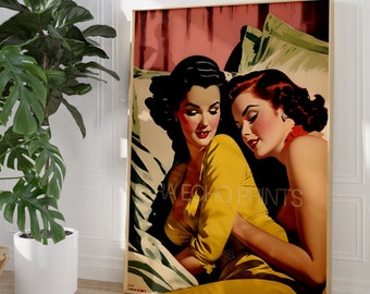 Maximalist Sapphic Decor: Vibrant Lesbian Art Print with a Twist of 1950's Pulp Art, Unique LGBTQ Gift or Queer Couple Gift