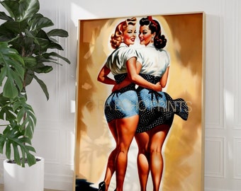 Vintage Sapphic Romance: Lesbian Art Print Inspired by 1950's Pin up Girls - Perfect Gift for Her