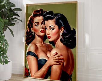 Vintage Glamour Lesbian Art Print: Stunning Latinas in 1950's Pin up Style for Sapphic Decor and Queer Couple Gifts