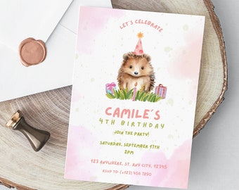 Hedgehog Birthday Girl Party Invitation, Hedgehog Invitation, Party Printable Invitation, Hedgehog Party Digital Invitation-Instant Download