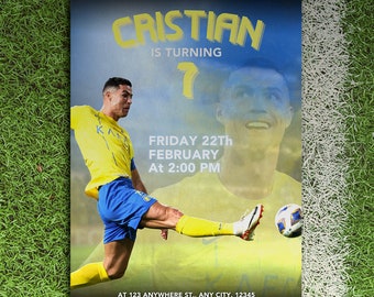 Invitación de cumpleaños de Cristiano Ronaldo, Cristiano CR7, tema de fútbol Al-Nassr, cumpleaños de estrellas de fútbol, tarjeta de cumpleaños deportiva, fiesta editable