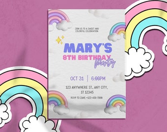 Rainbow Birthday Girl Party Invitation, Rainbow Invitation, Party Printable Invitation, Rainbow Party Digital Invitation - Instant Download