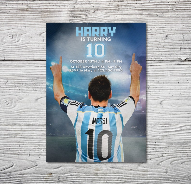 Invitación de cumpleaños de Messi, invitación de Messi, tema de fútbol argentino, cumpleaños de estrellas de fútbol, tarjeta de cumpleaños deportiva, productos a juego disponibles imagen 3