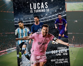 Invitación de cumpleaños de Messi, invitación de Messi, tema de fútbol argentino, cumpleaños de estrellas de fútbol, PSG, productos a juego del FC Barcelona disponibles
