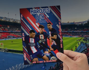 Soccer PSG Paris Saint-Germain FC Players Birthday Invitation Football Stars Birthday Sports Kylian Mbappe Vitor Machado Achraf Hakimi Card