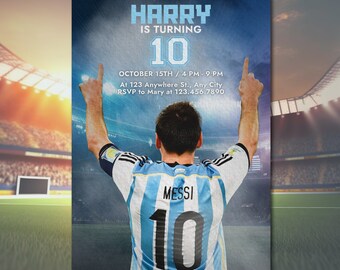 Invitación de cumpleaños de Messi, invitación de Messi, tema de fútbol argentino, cumpleaños de estrellas de fútbol, tarjeta de cumpleaños deportiva, productos a juego disponibles