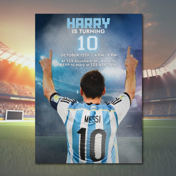 Faire-part d'anniversaire Messi, invitation Messi, thème du football Argentine, anniversaire de stars du football, carte d'anniversaire de sport, produits assortis disponibles