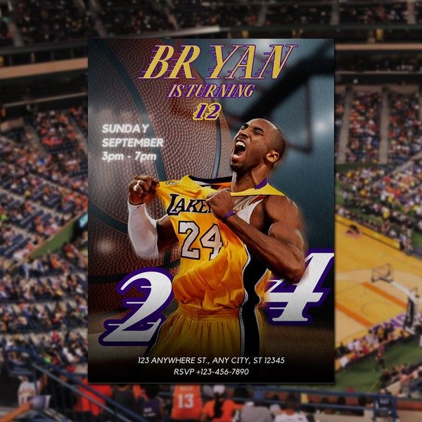 Kobe Bryant Birthday Invitation, Kobe Bryant Invite, Lakers Theme, Basketball Stars Birthday,Sports Bday Card, Kobe Bryant Birthday Party