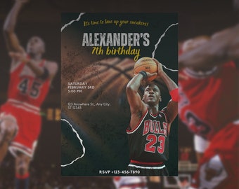 Invitación de cumpleaños de Michael Jordan, invitación de Jordan, tema de los Chicago Bulls, cumpleaños de las estrellas del baloncesto, tarjeta de cumpleaños deportiva, invitación a la fiesta