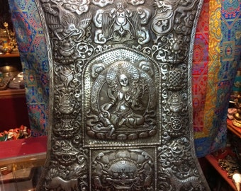 Original Green Tara, Masterpiece Hand Carved Tibetan Iron  Thangka From Nepal