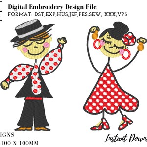 Flamenco dance cartoon machine embroidery design , Adorable cute trendy pes File Design Fun. Spanish dancer dress for Instant Download