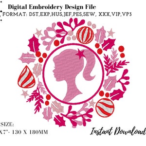 Puede incluir: Archivo de diseño de bordado digital con una silueta rosa del perfil de una mujer dentro de una corona circular de elementos festivos rosas y rojos. El diseño mide 13 x 18 cm e incluye el texto "Instant Download".