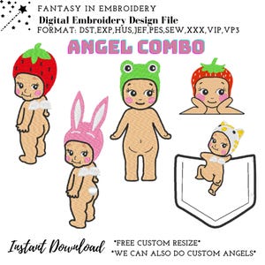 Puede incluir: Archivo de diseño de bordado digital de cinco figuras de ángeles. Los ángeles llevan diferentes sombreros, incluyendo una fresa, una rana, un conejo y un gato. El texto "ANGEL COMBO" está en la parte superior de la imagen. El texto "Instant Download" está en la parte inferior izquierda de la imagen. El texto "FREE CUSTOM RESIZE" está en la parte inferior derecha de la imagen. El texto "WE CAN ALSO DO CUSTOM ANGELS" está en la parte inferior derecha de la imagen.