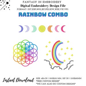 May include: Digital embroidery design file with a rainbow combo theme. Designs include moon phases, a rainbow, and a geometric flower pattern. The text "RAINBOW COMBO" is in a gradient color. Sizes are 100x100 mm and 130x180mm.
