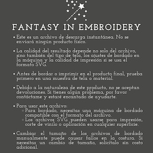 Op de afbeelding: Donkergrijze afbeelding met de tekst "FANTASY IN EMBROIDERY" en opsommingstekens in het Spaans. De afbeelding bevat een ster en een toverstaf. De tekst beschrijft het product als een downloadbaar bestand.