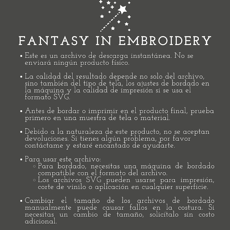 Op de afbeelding: Donkergrijze afbeelding met de tekst "FANTASY IN EMBROIDERY" en opsommingstekens in het Spaans. De afbeelding bevat een ster en een toverstaf. De tekst beschrijft het product als een downloadbaar bestand.