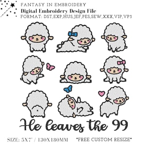以下が含まれることがあります： 白地にピンクとブルーのアクセントがついた羊の刺繍デザインファイルです。9種類のバリエーションがあります。画像の下には「He leaves the 99」というテキストが表示されています。デザインは5x7インチまたは130x180ミリメートルです。