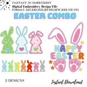 Puede incluir: Un conjunto de archivos de diseño de bordado digital para Pascua que incluye tres diseños: un conejito con un corazón, un conejito con un patrón a cuadros, un conejito con lunares, una pancarta de «Feliz Pascua» con letras de arcoíris y un conjunto de huellas de conejito. Los formatos de archivo incluidos son DST, EXP, HUS, JEF, PES, SEW, XXX, VIP y VP3.
