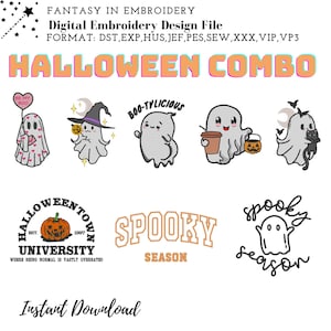 Puede incluir: Archivo de diseño de bordado digital con temática de Halloween. El diseño incluye ilustraciones de fantasmas, el texto "Halloween Combo" y otros gráficos temáticos de Halloween. Formatos de archivo: DST, EXP, HUS, JEF, PES, SEW, XXX, VIP, VP3. Descarga instantánea.