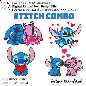 Stitch Blue Cartoon Combo Machine Embroidery Design - Adorable Lilo and Stitch Theme, Ideal Women's Gift, 4x4 Size