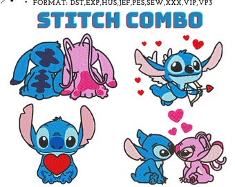 Stitch Blue Cartoon Combo Machine Embroidery Design - Adorable Lilo and Stitch Theme, Ideal Women&#39;s Gift, 4x4 Size