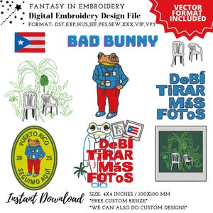 Op de afbeelding: Een digitaal borduurbestand met een cartoon kikker die een blauw shirt en een rode broek draagt, een camera en een kopje koffie vasthoudt. Het ontwerp bevat de tekst "Bad Bunny" en "DeBi TIRAR Más FOTOS" in het Spaans. Het ontwerp is 4x4 inch en kan worden aangepast.