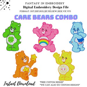 Peut inclure: Fichier de broderie numérique avec cinq Care Bears de différentes couleurs. Les ours incluent un ours vert avec un trèfle à quatre feuilles, un ours rose avec un arc-en-ciel et un ours bleu avec un ventre couvert de cœurs.