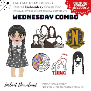 Puede incluir: Archivo de diseño de bordado digital con temática de Miércoles Addams. Incluye imágenes de Miércoles, la familia, un escudo escolar, una mano y un diseño de telaraña. El texto incluye "WEDNESDAY COMBO" y "Instant Download".