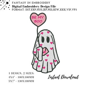 Puede incluir: Un archivo de diseño de bordado digital de un fantasma sosteniendo un globo de corazón rosa con el texto "Be My Boo". El fantasma está decorado con pequeños corazones rosas. El diseño está disponible en dos tamaños: 4x4 pulgadas (100x100 mm) y 5x7 pulgadas (130x180 mm).