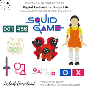 Może przedstawiać: Cyfrowy plik projektu haftu z motywami Squid Game. Projekt zawiera tekst "SQUID GAME", numery 001 i 456 oraz obrazy strażników, lalki i innych symboli gry. Formaty plików: DST, EXP, HUS, JEF, PES, SEW, XXX, VIP, VP3. Natychmiastowe pobieranie.