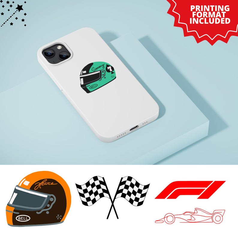 Op de afbeelding: Witte telefoonhoes met een ontwerp van een groene en zwarte racehelm. De helm heeft de naam "Sonny" en het nummer "7". Extra race-thema graphics zijn geblokte vlaggen en een raceauto.
