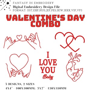 Puede incluir: Cinco diseños de bordado del Día de San Valentín en rojo. Los diseños incluyen dos manos sosteniendo un corazón, dos corazones entrelazados, dos manos sosteniendo un corazón, un corazón con el texto "Te amo bebé", y un corazón con un corazón anatómico estilizado. Los diseños están disponibles en dos tamaños: 4x4 pulgadas (100x100 mm) y 5x7 pulgadas (130x180 mm).