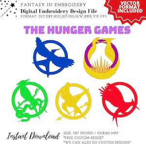 Puede incluir: Cinco diseños de bordado del símbolo del Sinsajo de Los Juegos del Hambre. Los diseños son en azul, amarillo, verde, rojo y morado. Los diseños son de 5x7 pulgadas y se pueden cambiar de tamaño.