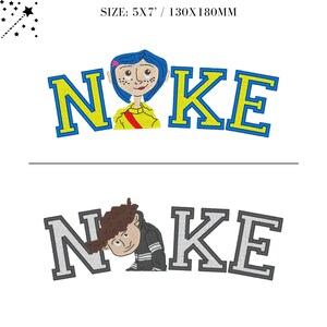 May include: Two embroidery designs featuring the word "NOKE" in yellow and blue letters with a cartoon girl and boy in the "O". The designs are 5x7 inches or 130x180 millimeters.