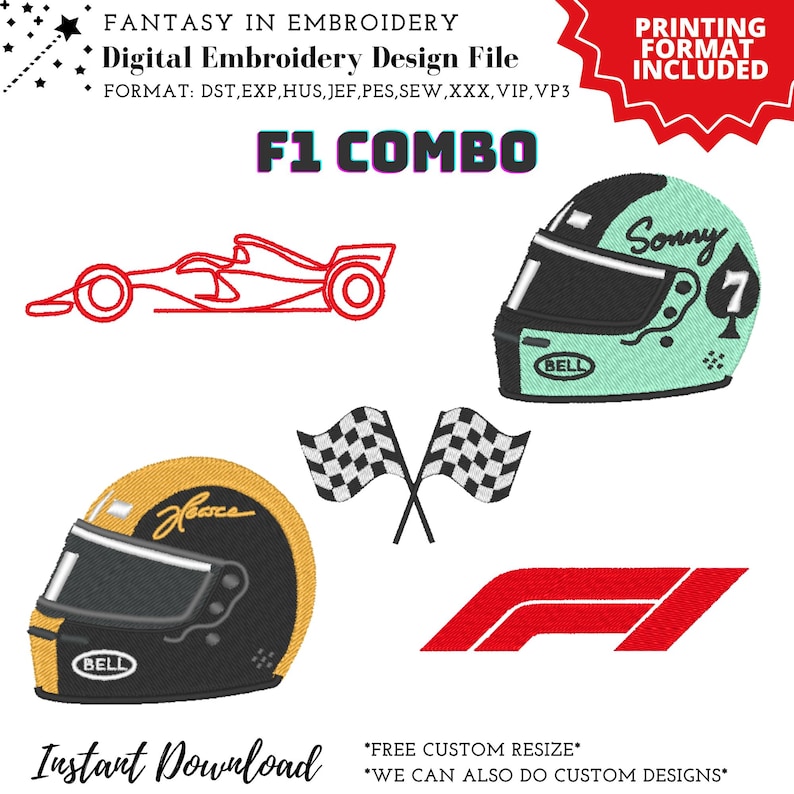 Op de afbeelding: Digitaal borduurontwerpbestand met F1 Combo-ontwerpen. Bevat een rode raceauto-omtrek, twee racehelmen, gekruiste geblokte vlaggen en het F1-logo. De tekst "F1 COMBO" is ook opgenomen.