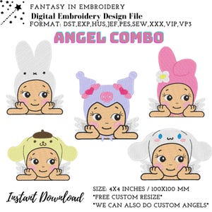 May include: Digital embroidery design file featuring five angel-themed designs. Each design showcases a baby with angel wings and a unique hat, including a bunny, a pig, and a dog. The text "ANGEL COMBO" is displayed in pink. The design size is 4x4 inches.