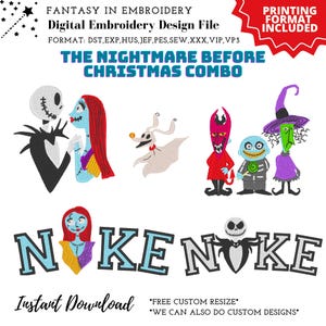 Può includere: File di design per ricamo digitale con personaggi di "Nightmare Before Christmas". Include Jack Skellington, Sally, Zero e altri personaggi. Testo: "Fantasy in Embroidery", "Instant Download" e "Printing Format Included".