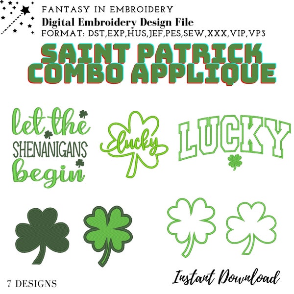 Lucky Shamrock St Patricks Day Machine Embroidery - Pack, applique, Lucky, Irish, Ireland, leprechaun, applique, 17th march, pes, dst,