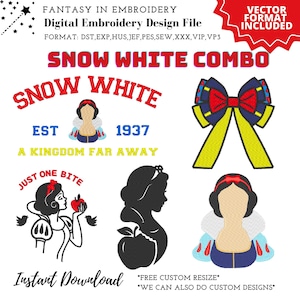 Puede incluir: Paquete combinado de archivos de bordado de Blancanieves. Incluye una silueta de Blancanieves con una manzana, Blancanieves con un lazo rojo, Blancanieves con un lazo rojo y una cinta amarilla, y Blancanieves con un lazo rojo y una cinta amarilla. El texto "Snow White Combo" está en rojo y blanco. El texto "Snow White" está en rojo y blanco. El texto "Est 1937" está en negro. El texto "A Kingdom Far Away" está en negro. El texto "Just One Bite" está en negro. El texto "Instant Download" está en negro. El texto "Free Custom Resize" está en negro. El texto "We Can Also Do Custom Designs" está en negro.