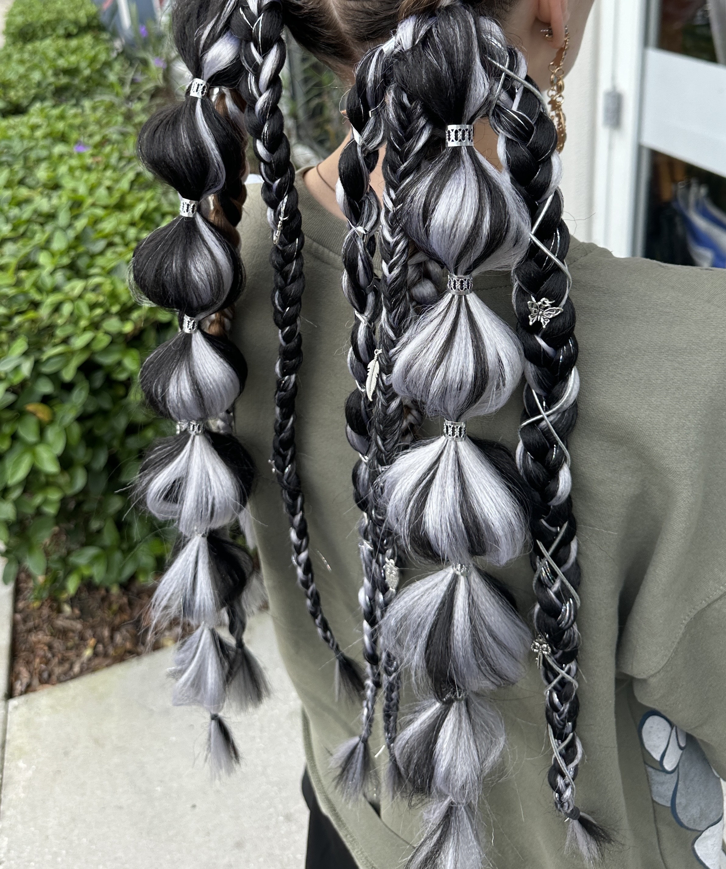 Festival braided tie in ponytails, Rave hair extensions, EDM hair, Bubble braids, Rave hair ties, Black and grey