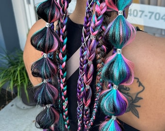 Festival braided tie in ponytails, Rave hair extensions, EDM hair, Bubble braids, Rave hair ties, Pink purple blue black
