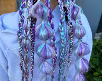 Festival braided tie in ponytails, Rave hair extensions, EDM hair, Bubble braids, Rave hair ties, Purple blue pink
