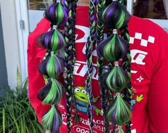 Festival braided tie in ponytails, Rave hair extensions, EDM hair, Bubble braids, Rave hair ties, Black green and purple