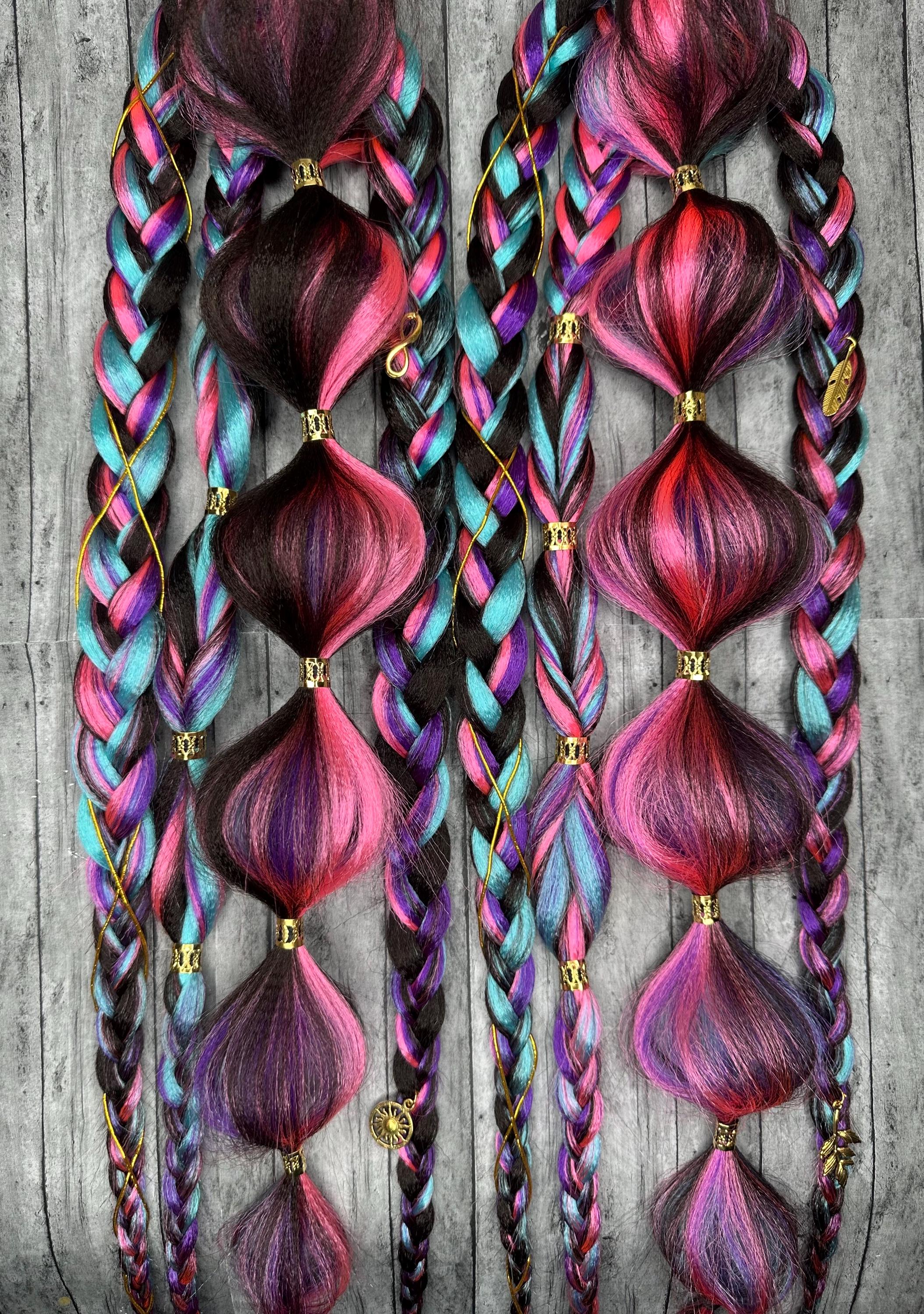 Pink/Purple Rave Braid Ponytail Tie In Extensions Ombre Purple Pink Rave Braids: Festival Hair Extensions  main image 2