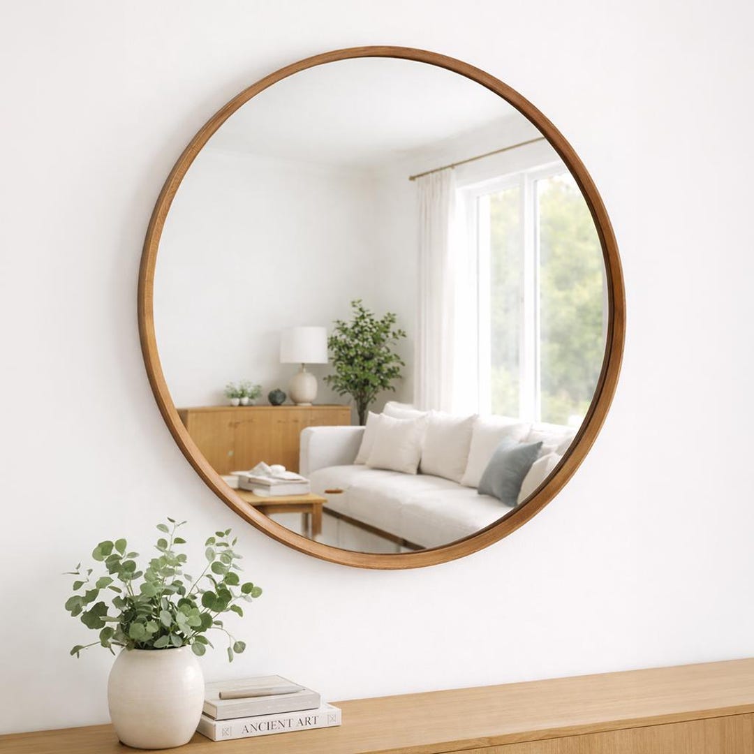 Extra Large Round Oak Frame Wall Mirror 100cm Solid Wood Dovetail ...