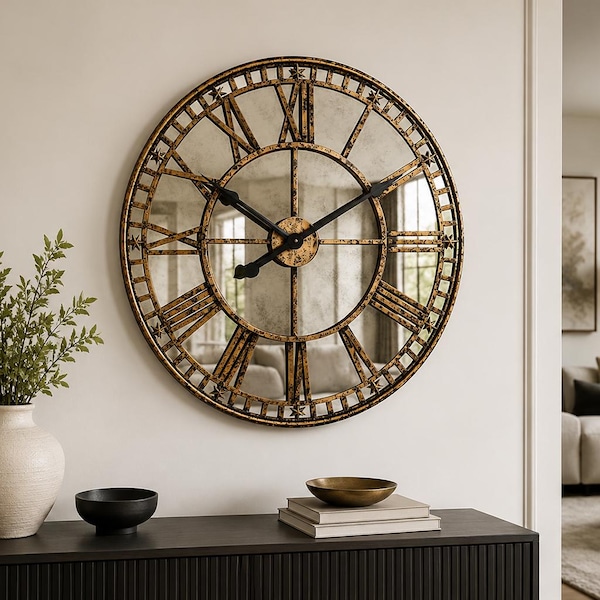 Large Gold Roman Numeral Wall Clock – Distressed Mirrored Face, 81cm Statement Piece